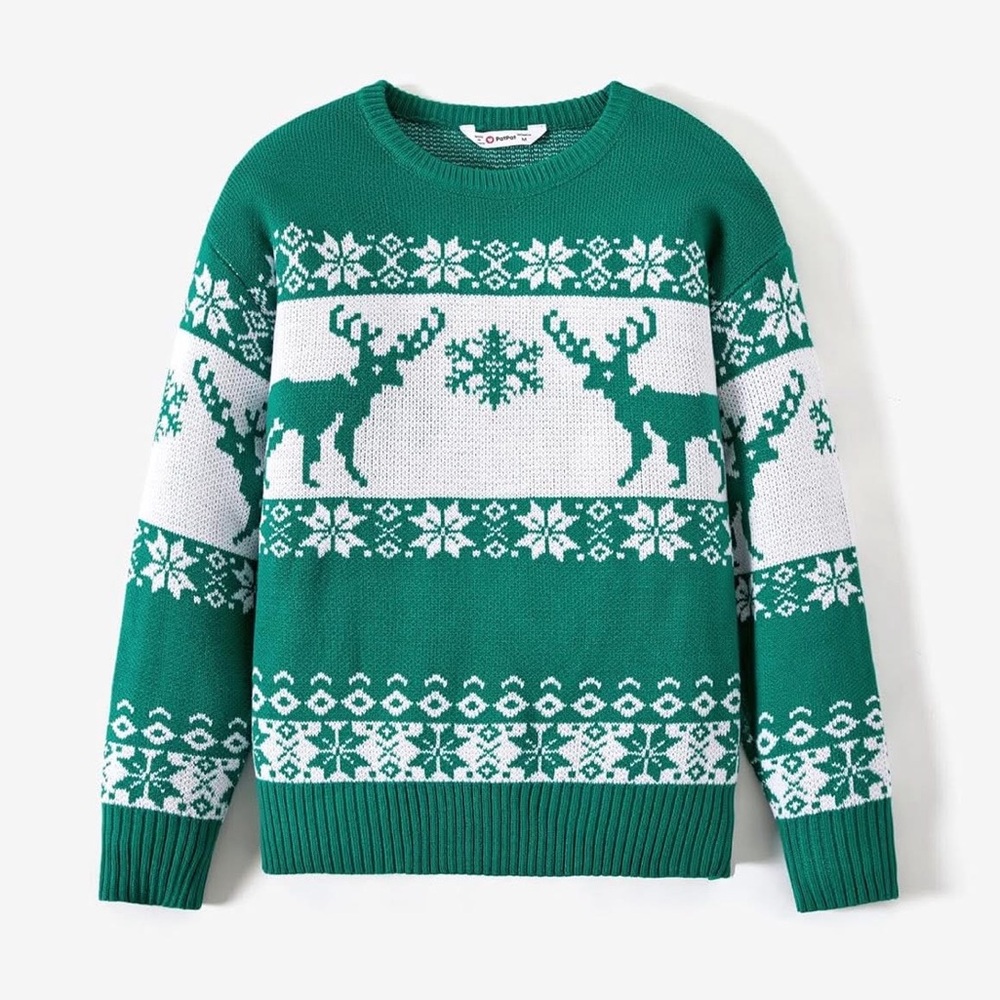 PATPAT Green and White Reindeer Christmas Long Sleeve Knit Sweater large nwt